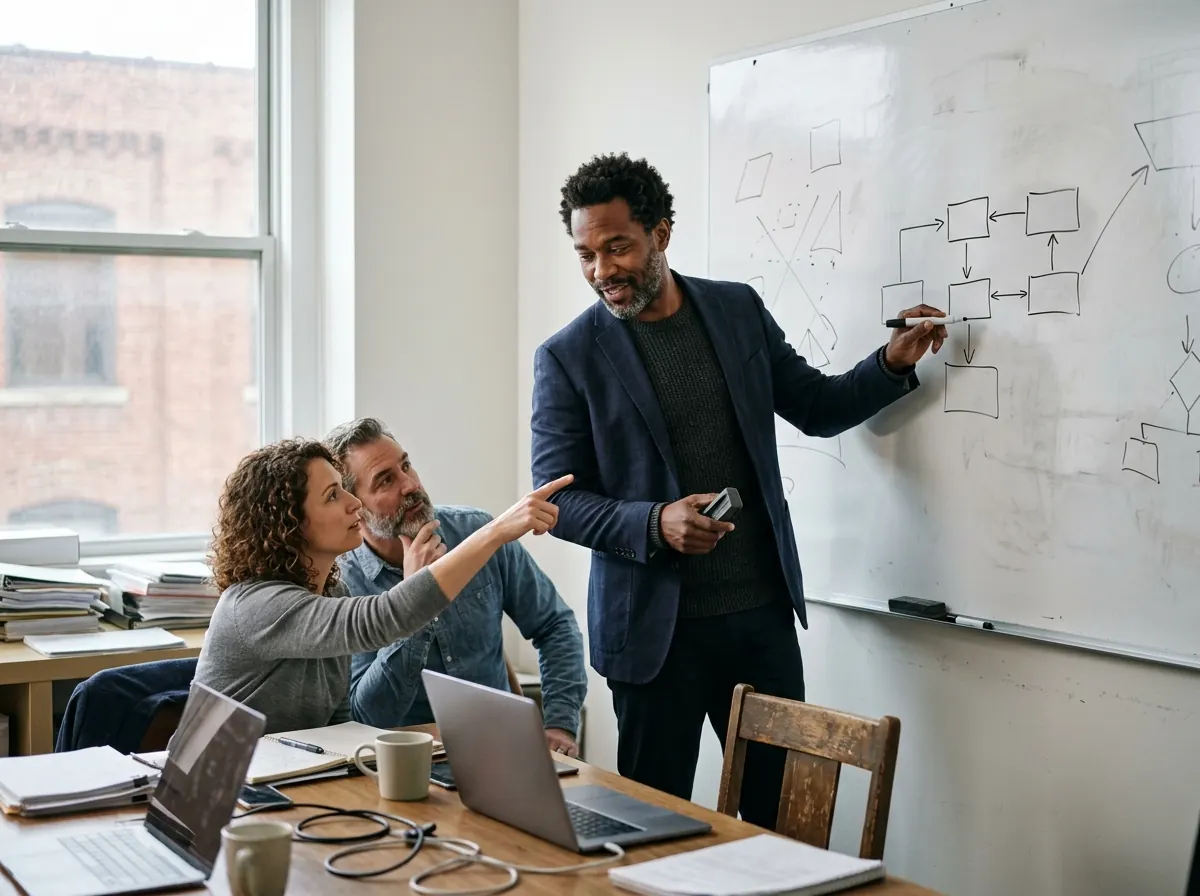 Atelier : un processus dessiné au tableau avec deux propriétaires de PME